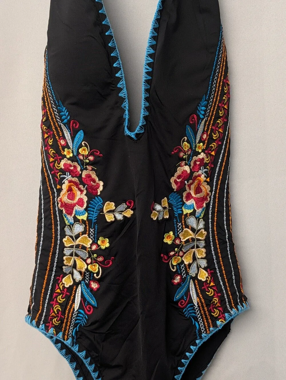 Johnny Was Black Halter One-Piece Bathing Suit with Floral Embroidery Size Small